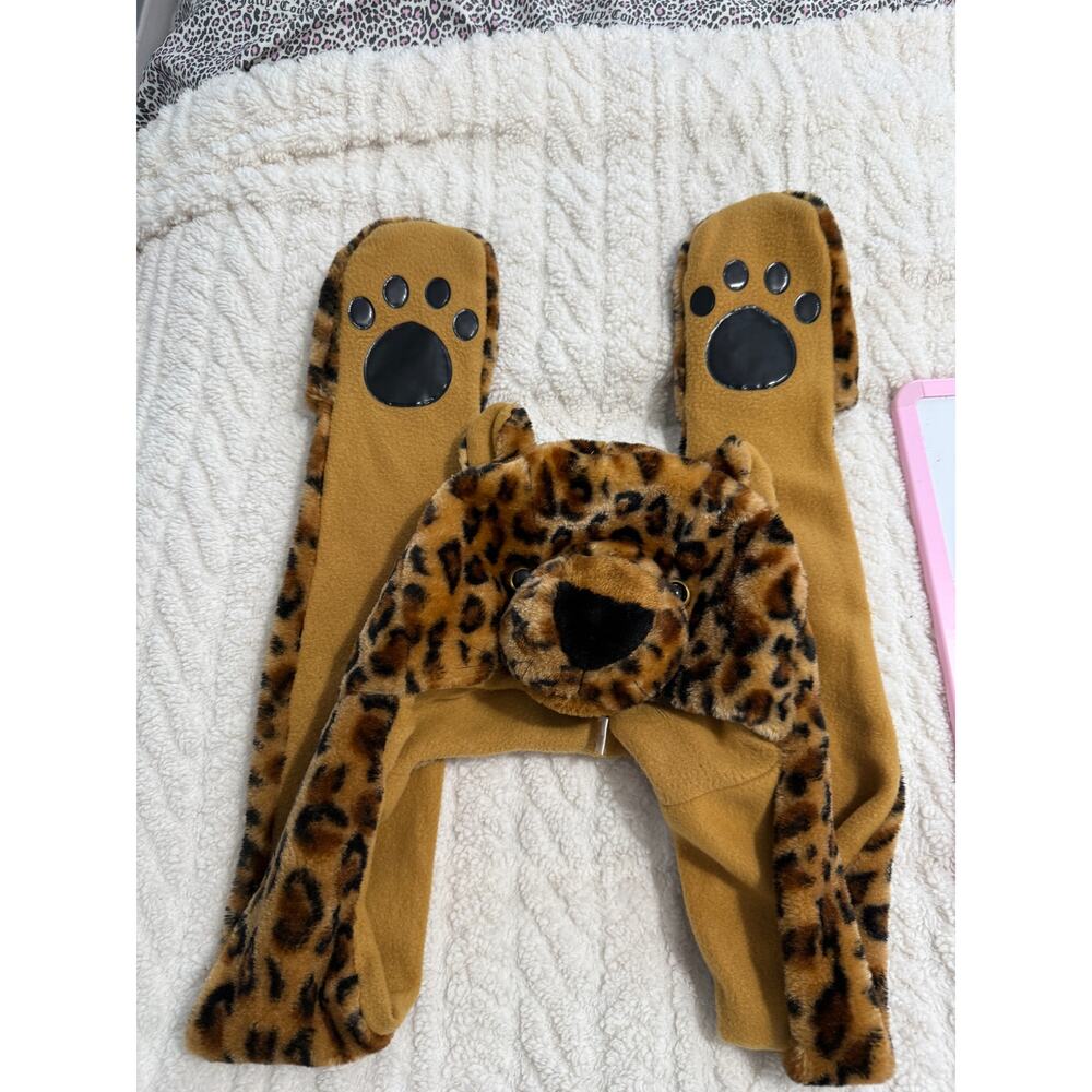 Kids Faux Fur Animal Ears‎ Print Hood Scarf Mitten Combo Leopard Plush Hat - Picture 5 of 5